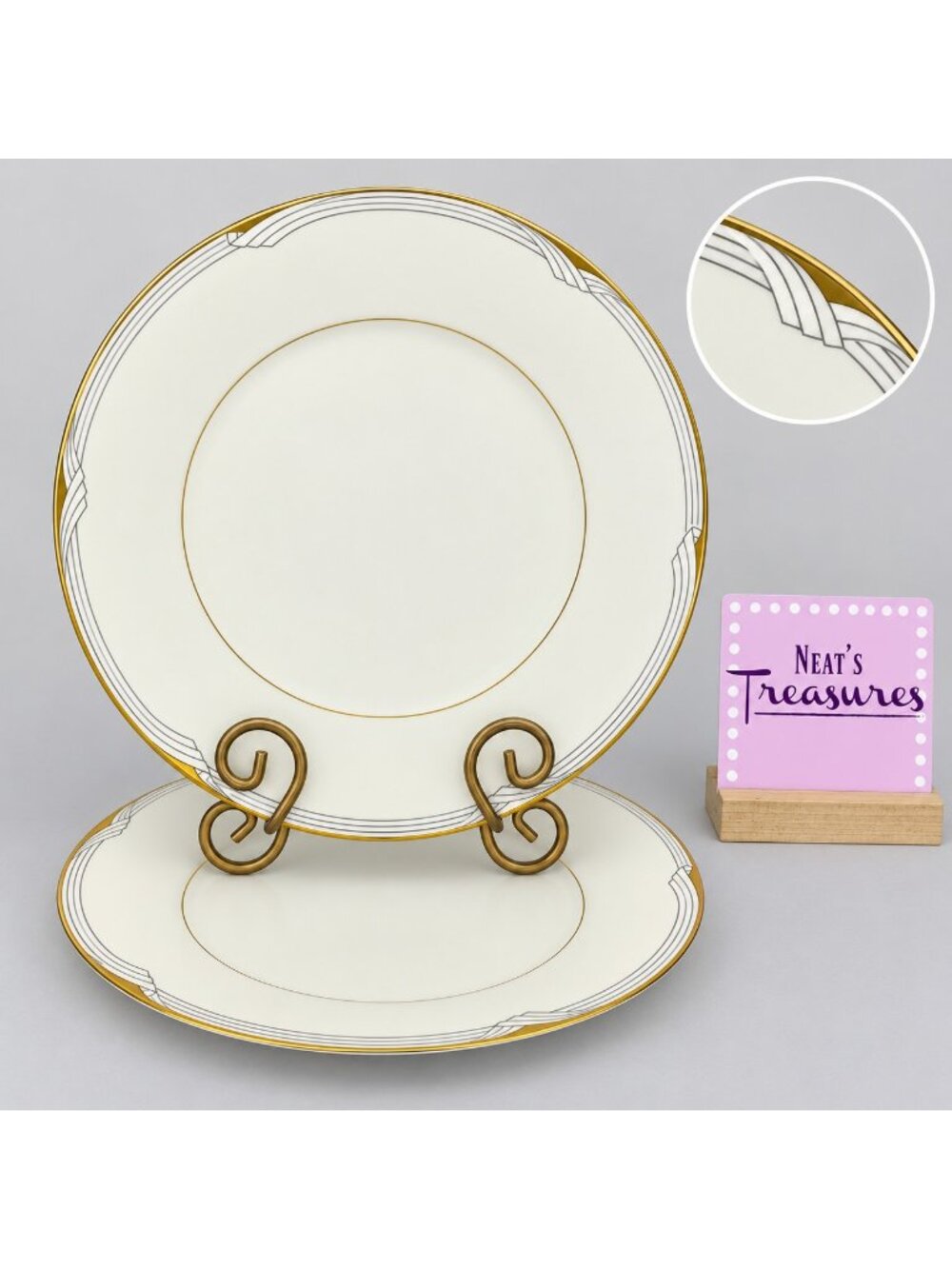 Noritake GOLDEN COVE Traditions Gray White Geometric China Dinner Plates Set 2